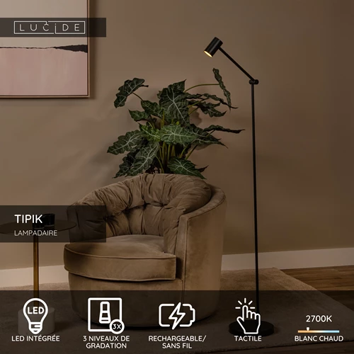 Lucide TIPIK - Lampadaire Rechargeable - Batterie/Piles - LED 3 StepDim - 1x3W 2700K - Noir - USP